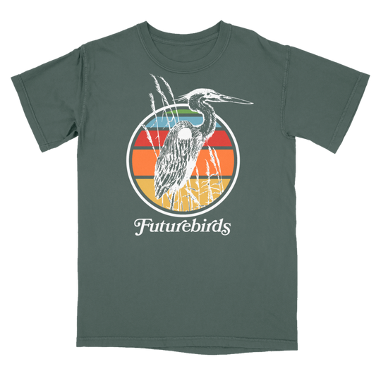 Green t-shirt with a heron design and 'Futurebirds' text on a white background