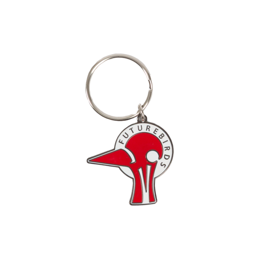 Red and silver keychain with 'Futurebirds' logo on a white background