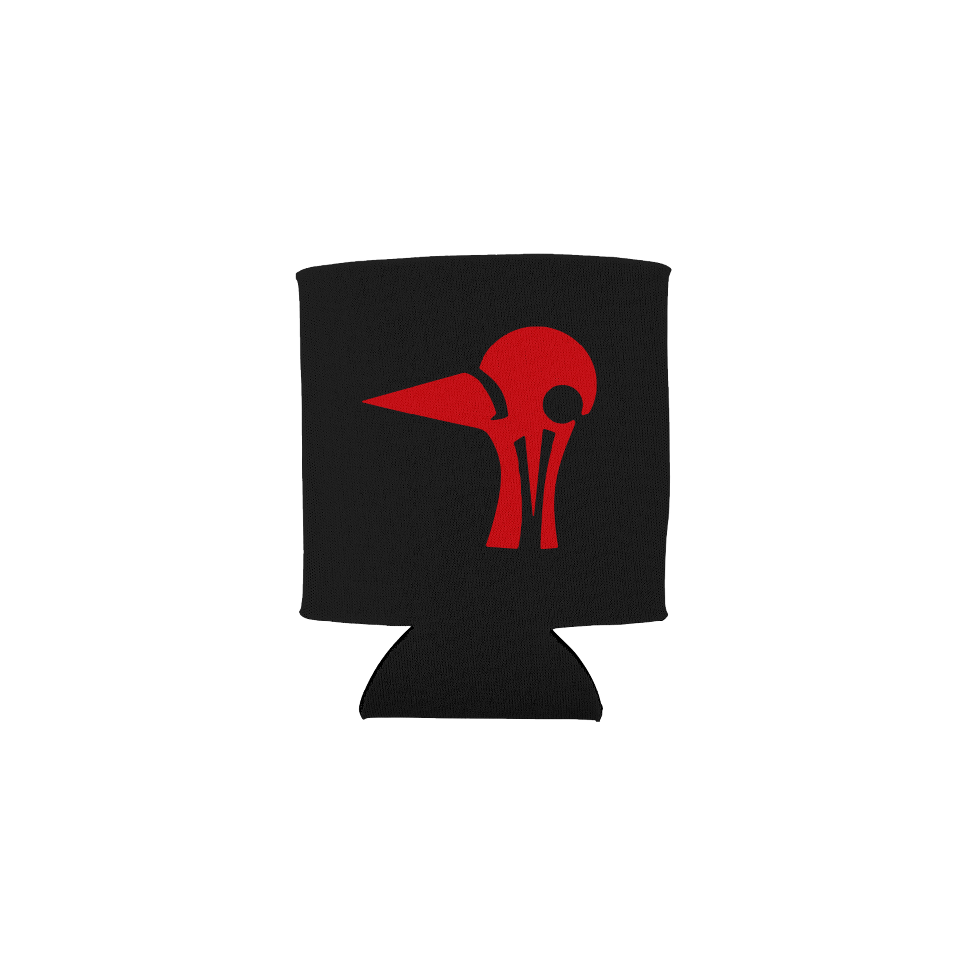 Black can cooler with red skull design on a white background