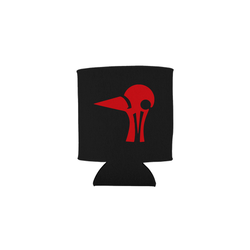 Black can cooler with red skull design on a white background