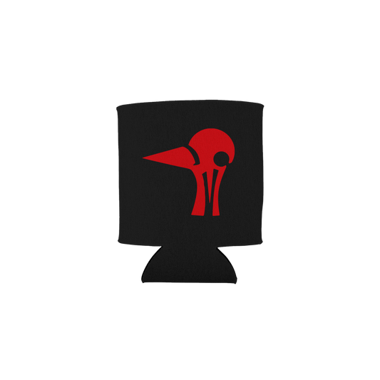 Black can cooler with red skull design on a white background