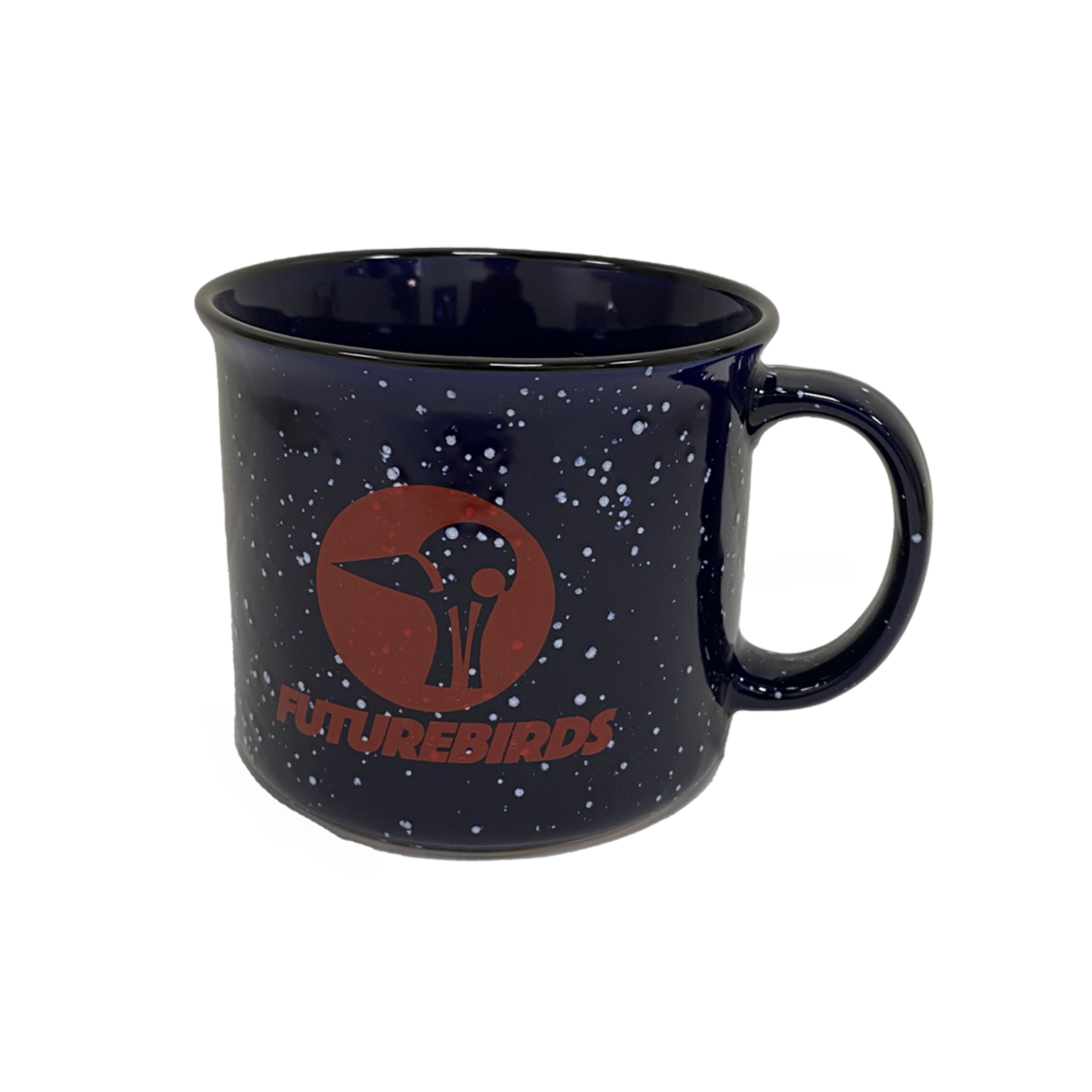 Navy mug with a red birdhead logo on one side, with the text 'FUTUREBIRDS'.