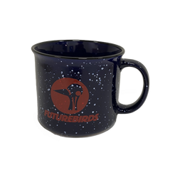 Navy mug with a red birdhead logo on one side, with the text 'FUTUREBIRDS'.