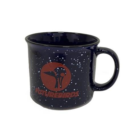 Navy mug with a red birdhead logo on one side, with the text 'FUTUREBIRDS'.