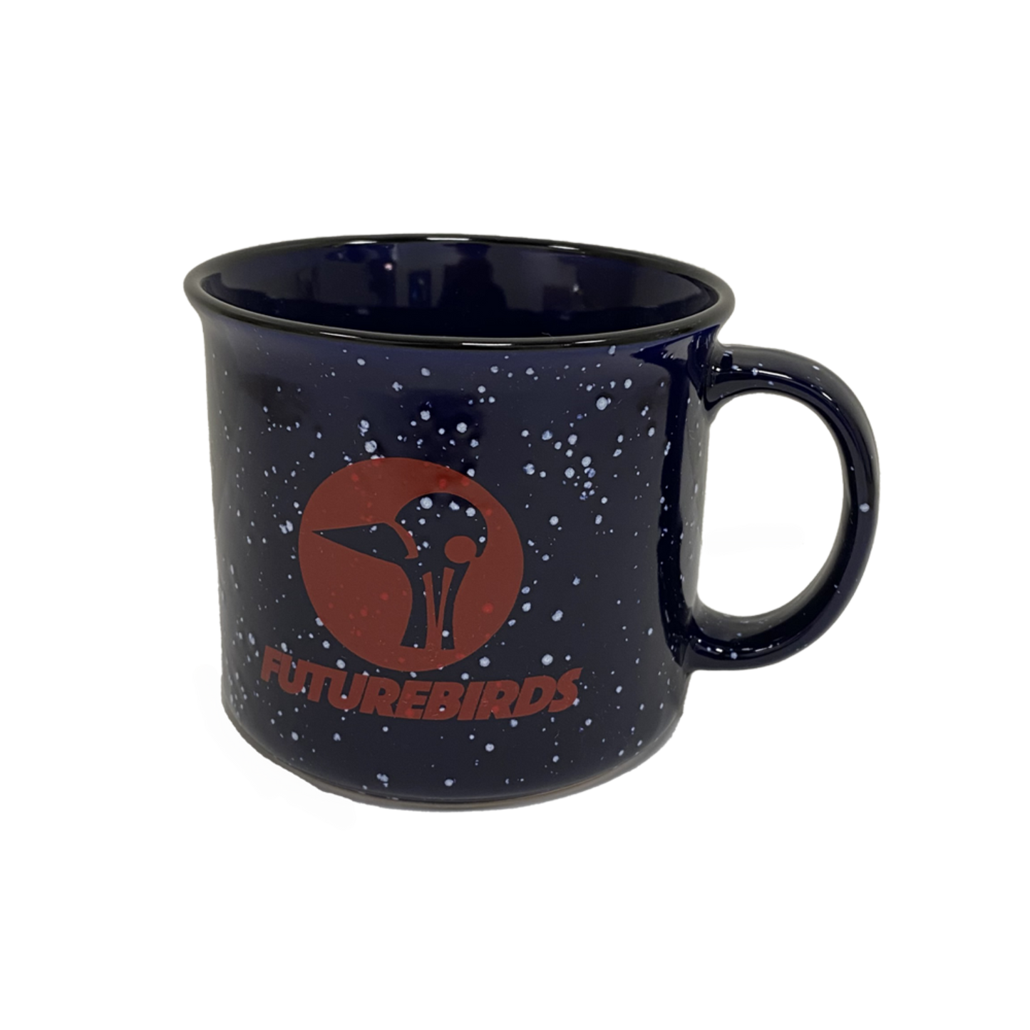 Navy mug with a red birdhead logo on one side, with the text 'FUTUREBIRDS'.