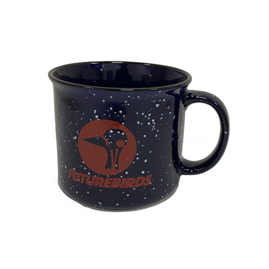 Navy mug with a red birdhead logo on one side, with the text 'FUTUREBIRDS'.
