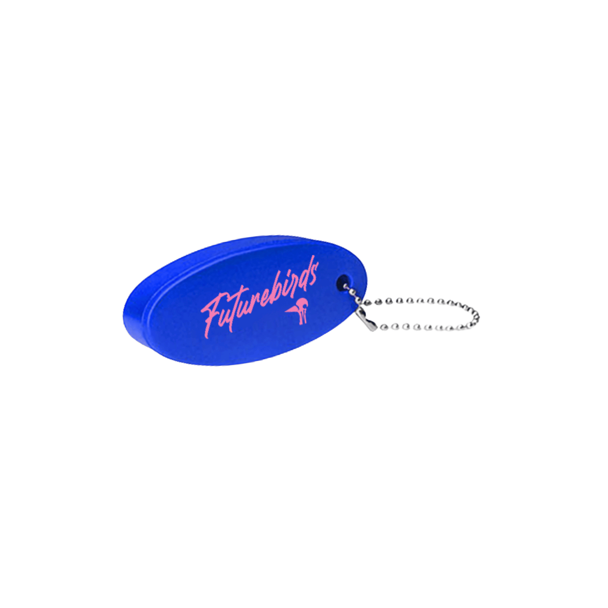 Blue keychain with 'Futurebirds' logo on a transparent background