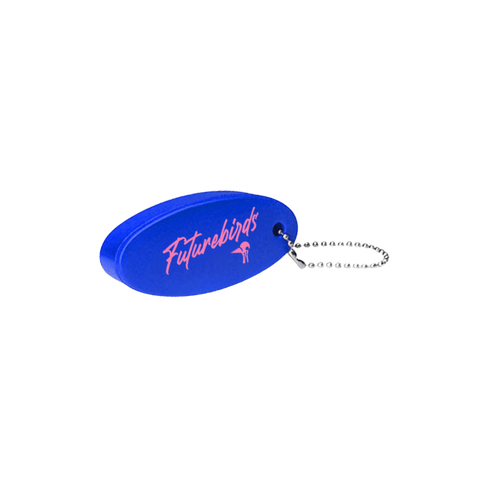 Blue keychain with 'Futurebirds' logo on a transparent background