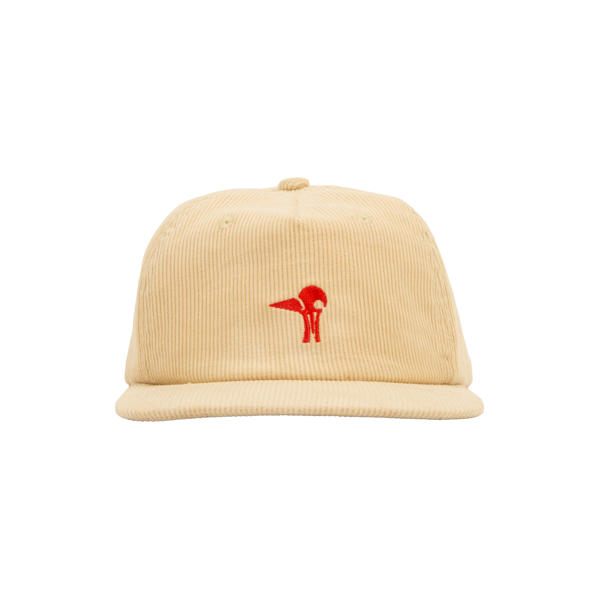 Beige cap with a red logo on a white background