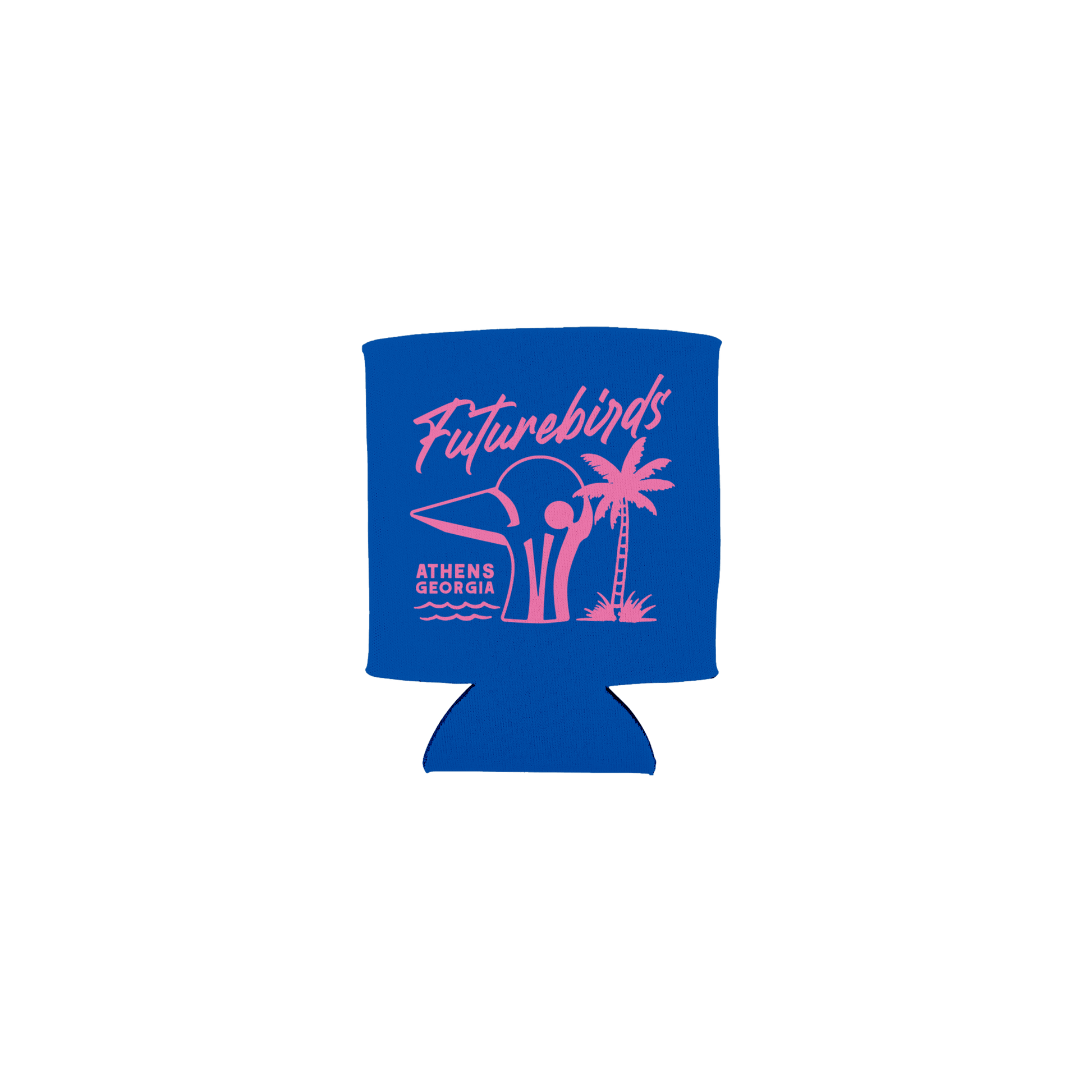 Blue can cooler with 'Futurebirds' logo on a green background