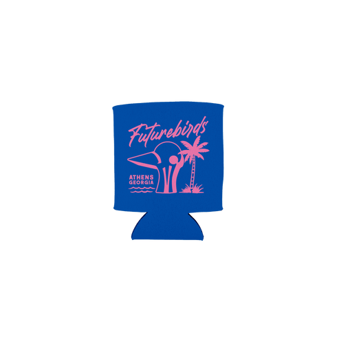 Blue can cooler with 'Futurebirds' logo on a green background