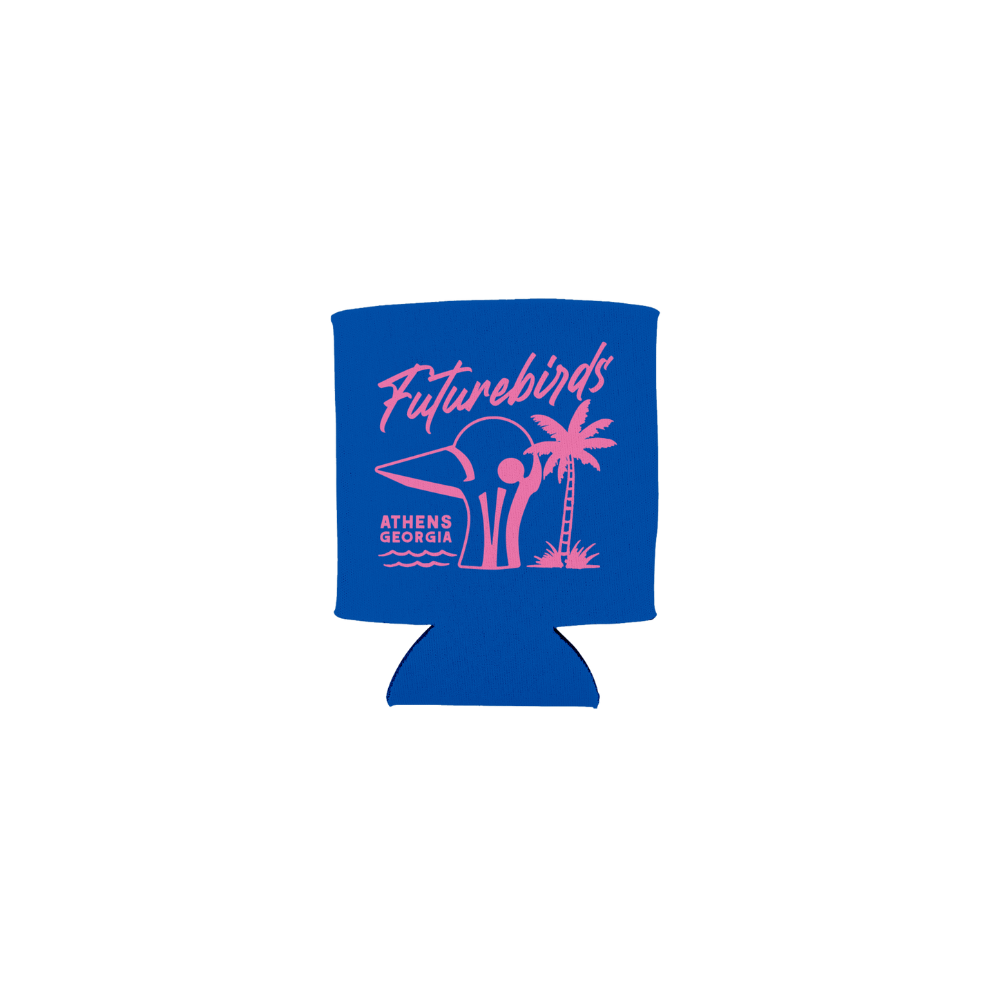 Blue can cooler with 'Futurebirds' logo on a green background