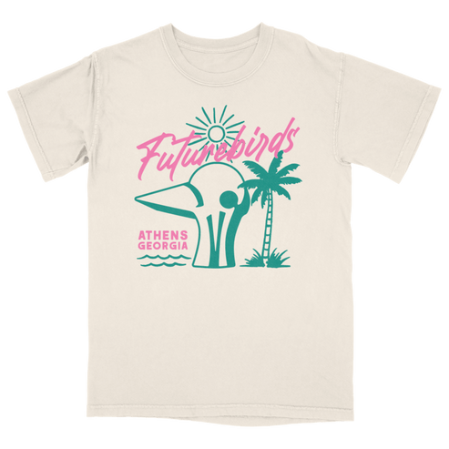 White t-shirt with 'Futurebirds' graphic design on a transparent background