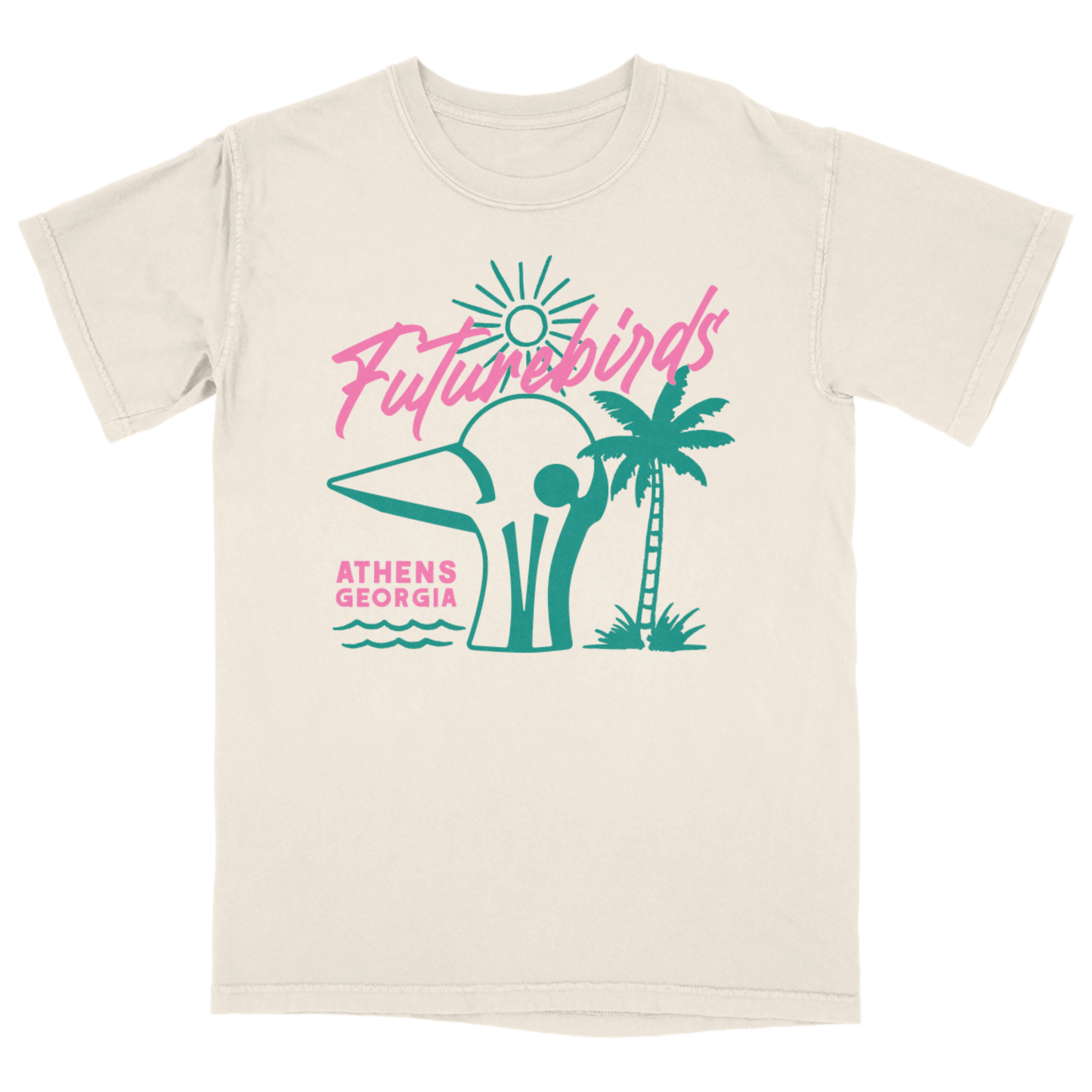 White t-shirt with 'Futurebirds' graphic design on a transparent background