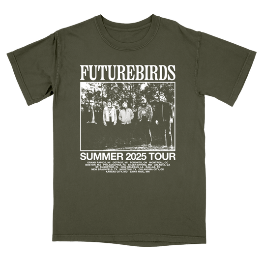Green t-shirt with 'Futurebirds' summer 2025 tour graphic on a white background