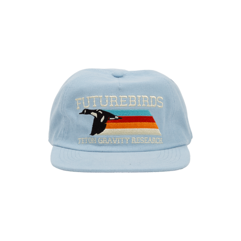 Light blue cap with embroidered design and text on a white background