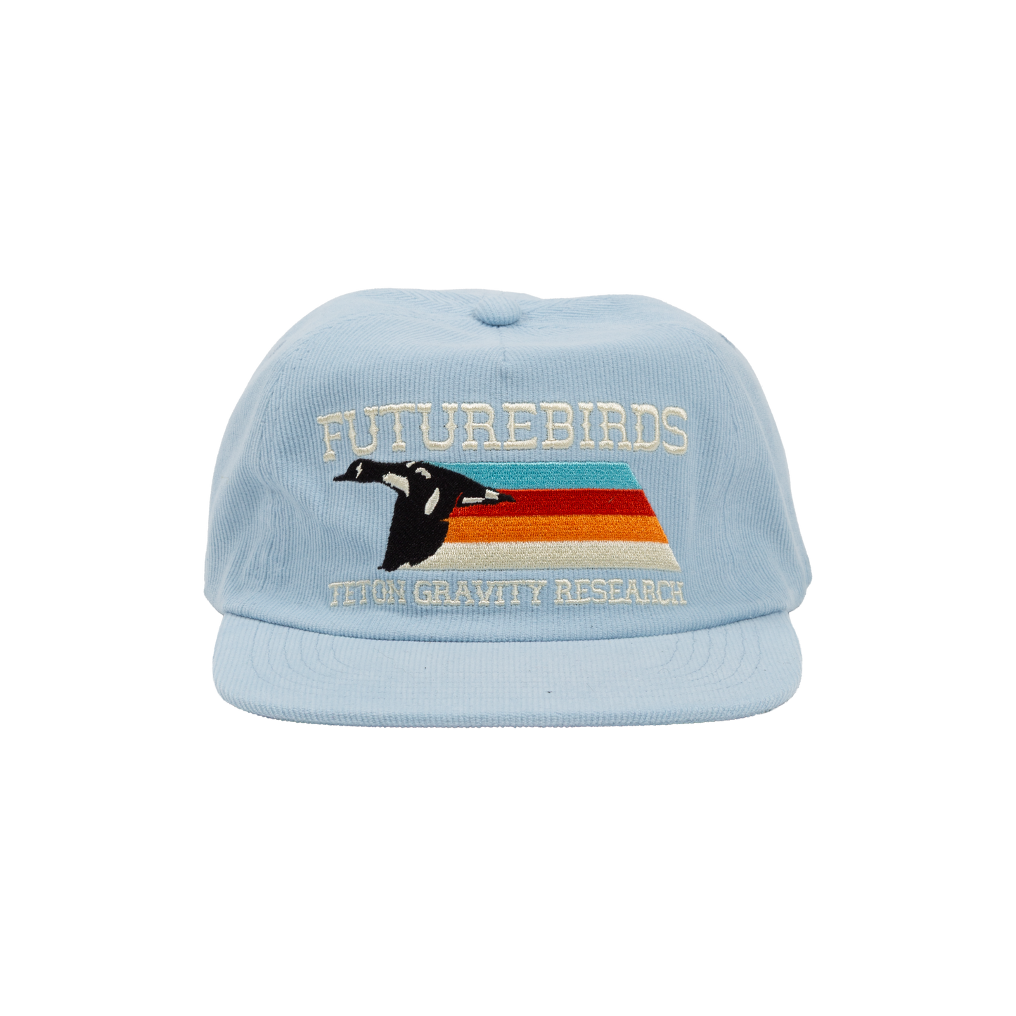 Light blue cap with embroidered design and text on a white background