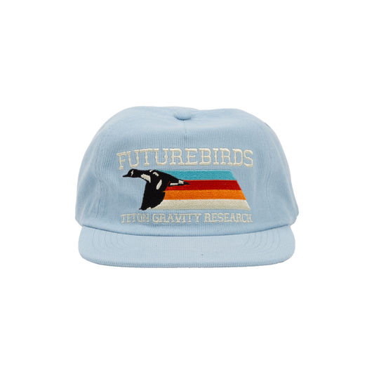 Light blue cap with embroidered design and text on a white background