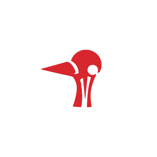 Red abstract bird-like logo on a white background
